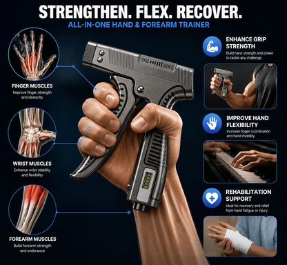 Grip Strength Trainer with Finger Exerciser, Digital Counter Adjustable Hand Grip Strengthener Trigger-Style Grip Strength Trainer, Index-Finger Squeeze Trainer for Strength Training, Recovery and Muscle Building